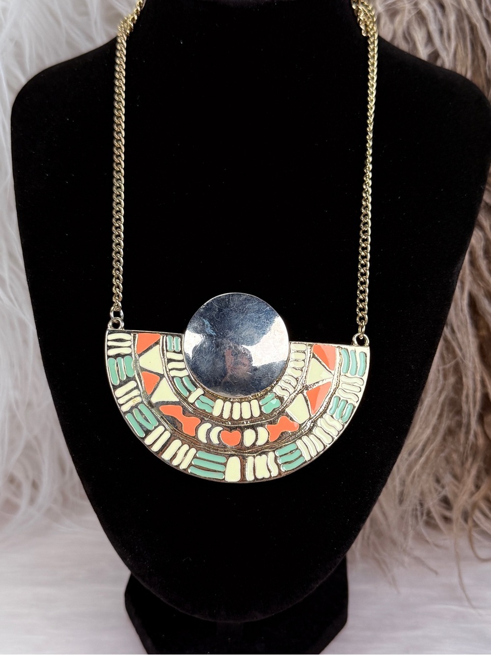 Geometric Half Moon Bib Necklace Mint Coral Egyptian Revival Statement